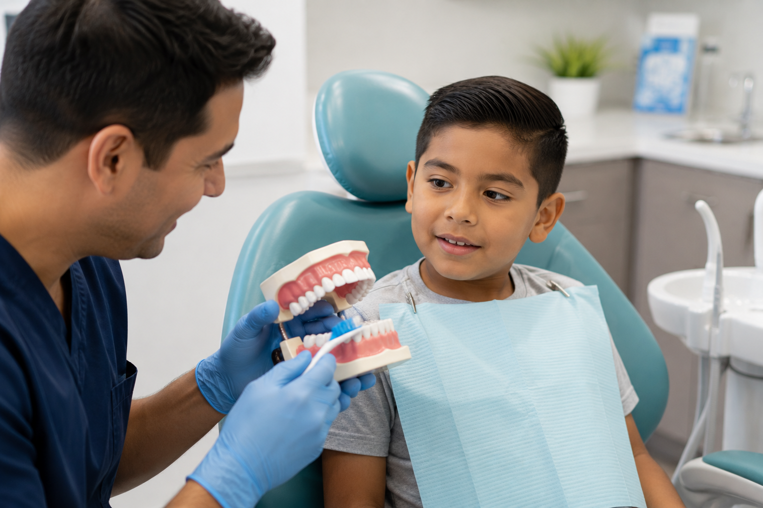 Young boy in a dentist's chair looking at a model of teeth and listening to the dentist.